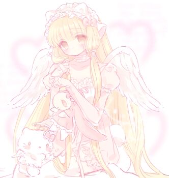 1girl angel_wings animal_ear_hairband animal_ears atashi_(chobits) blonde_hair cat_ear_hairband cat_ears chii chobits choker closed_mouth dress expressionless fake_animal_ears fake_wings frilled_choker frilled_dress frilled_hairband frills hairband hello_kitty_(character) highres long_hair long_sleeves looking_at_viewer low_twintails mipi_(u3u_00) no_shoes pink_dress robot_ears robot_girl simple_background sitting sketch sleeves_past_wrists solo straight_hair thighhighs twintails very_long_hair white_background white_thighhighs wings yellow_eyes