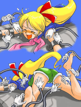 barefoot blonde_hair feet from_behind kamikita_keiko legs long_hair machine mechanical_arms multiple_hands muteki_choujin_zambot_3 scarf short_shorts shorts tears tickle_machine tickleague tickling tickling_feet