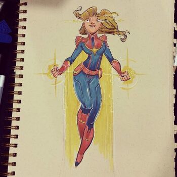 Rule 34 | 1girl, avengers (series), bag, belt, blonde hair, blue bodysuit, bodysuit, boots, brett bean, captain marvel, carol danvers, flying, glowing, glowing eyes, glowing hands, graphite (medium), long hair, marvel, motion lines, multicolored bodysuit, red belt, red bodysuit, red boots, satchel, sketch, solo, solo focus, speed lines, star (symbol), striped bodysuit, superhero costume, traditional media, two-tone bodysuit