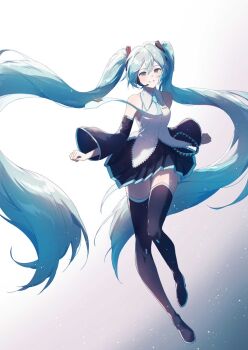 1girl aqua_eyes aqua_hair aqua_trim awai_uta black_skirt black_sleeves blush boots breasts collared_shirt commentary detached_sleeves floating_hair floating_neckwear frilled_shirt frills full_body gradient_background hair_between_eyes hair_ornament hatsune_miku headset long_hair long_sleeves looking_at_viewer miniskirt necktie pleated_skirt shirt sidelocks simple_background skirt sleeveless sleeveless_shirt smile solo thigh_boots thighhighs tie_clip twintails untucked_shirt very_long_hair vocaloid white_background white_shirt wide_sleeves zettai_ryouiki