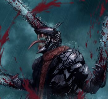 absurdres artist_name blood blood_on_teeth blood_splatter bloody_weapon blue_sky chainsaw chainsaw_devil chainsaw_man crain1art facing_up fog highres horns intestines open_mouth rain scarf sharp_teeth sky solo teeth tongue tongue_out weapon