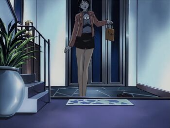 00s 1girl 2002 animated animated_gif bag bible_black bible_black_night_of_the_walpulgiss bow breasts cleavage closed_eyes door doorway drunk earrings handbag high_heels jacket jewelry large_breasts minase_yukiko neck_ribbon pantyhose pencil_skirt removing_shoes ribbon short_hair skirt tagme thighhighs