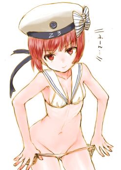 1girl bikini bikini_pull bow breasts clothes_pull groin hat hat_bow highres kantai_collection kutouten navel red_eyes red_hair sailor_hat small_breasts solo striped_bow swimsuit translated upper_body white_bikini z3_max_schultz_(kancolle) z3_max_schultz_(swimsuit)_(kancolle)