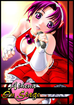 1girl asamiya_athena blush breasts dress gloves hairband hand_up heart holding long_hair looking_at_viewer medium_breasts microphone purple_eyes purple_hair shoes skirt smile snk socks stage the_king_of_fighters thick_thighs thighs wide_hips