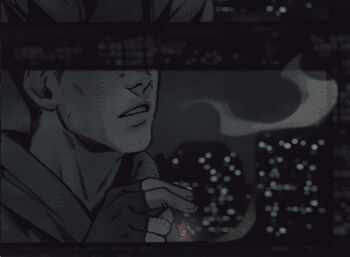 1boy black_gloves black_hair cigarette cityscape cry_of_fear dark fingerless_gloves gloves grey_hoodie halftone holding holding_cigarette hood hood_down hoodie male_focus night outdoors parted_lips short_hair sideburns skyline smoke smoke_trail solo tenebraum