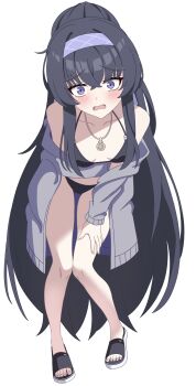 1girl 3066115054 absurdres bags_under_eyes bikini black_bikini black_hair blue_archive blue_hairband blush breasts cardigan commentary_request full_body grey_cardigan hairband highres jewelry leaning_forward long_hair looking_at_viewer necklace no_halo nose_blush official_alternate_costume open_cardigan open_clothes ponytail purple_eyes purple_hairband sandals simple_background small_breasts solo swimsuit ui_(blue_archive) ui_(swimsuit)_(blue_archive) white_background