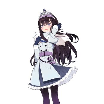 Rule 34 | 1girl, belt, black hair, blue eyes, blue gloves, breasts, cape, clione ice, coat, fur-trimmed cape, fur trim, gloves, hair between eyes, half-closed eyes, long hair, long sidelocks, looking at another, pantyhose, purple belt, purple pantyhose, sidelocks, tucking hair, uchako, uchi no hime-sama ga ichiban kawaii, white coat, white tiara
