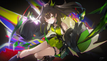 Rule 34 | 1girl, absurdres, arknights, bare shoulders, black hair, black shoes, blush, breasts, bright pupils, closed mouth, coat, colored inner hair, commentary, dress, fang, green dress, green eyes, green hair, highres, looking at viewer, material growth, medium breasts, mon3tr (arknights), multicolored hair, one eye closed, open clothes, open coat, pouch, revision, shoes, sideboob, skin fang, sleeves past fingers, sleeves past wrists, smile, solo, streaked hair, tail, thigh strap, white pupils, xiao sa (hayatekkk)
