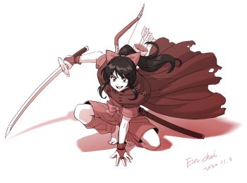 1girl 2020 absurdres ain_choiwet arrow_(projectile) barefoot black_hair bow bow_(weapon) cape commentary dated han&#039;you_no_yashahime highres holding holding_sword holding_weapon katana korean_commentary long_hair moroha open_mouth ponytail quiver red_cape scabbard shadow sheath smile solo squatting sword teeth torn_cape torn_clothes unsheathed upper_teeth_only weapon white_background