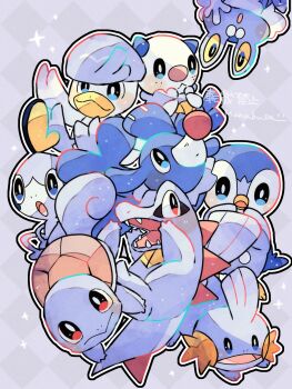 :o animal_focus artist_name axolotl beak bird blue_eyes blue_skin colored_sclera colored_skin commentary_request crocodilian duck freckles froakie frog gen_1_pokemon gen_2_pokemon gen_3_pokemon gen_4_pokemon gen_5_pokemon gen_6_pokemon gen_7_pokemon gen_8_pokemon hanabusaoekaki highres mudkip nintendo no_humans open_mouth oshawott penguin piplup pokemon pokemon_(creature) popplio quaxly red_eyes shell sobble solid_oval_eyes sparkle squirtle teeth totodile turtle turtle_shell upside-down yellow_sclera