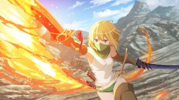 1girl anime_coloring attack_trail blue_eyes breasts brown_gloves buruma cross-laced_slit danmachi_battle_chronicle dual_wielding dungeon_ni_deai_wo_motomeru_no_wa_machigatteiru_darou_ka dynamic_pose elbow_gloves elf fire foreshortening game_cg gloves green_buruma green_hair green_mask hand_up highres holding holding_sword holding_weapon incoming_attack looking_at_viewer mask mouth_mask ninja_mask non-web_source official_art outdoors pointy_ears ryu_lion short_hair small_breasts solo swinging_weapon sword sword_tassel tank_top tassel weapon white_tank_top wooden_sword