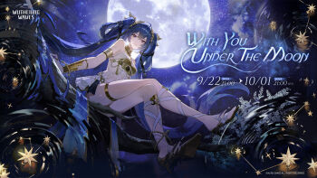 1girl ahoge ancient_greek_clothes armlet bare_shoulders black_skirt blue_eyes blue_hair closed_mouth commentary crossed_legs dated english_commentary english_text full_body full_moon gladiator_sandals gold_bra greco-roman_clothes head_wreath highres iuno_(wuthering_waves) jewelry logo long_hair looking_at_viewer miniskirt moon multicolored_hair night night_sky official_art on_branch outdoors sandals sitting skirt sky smile solo streaked_hair thighlet thighs twintails wuthering_waves