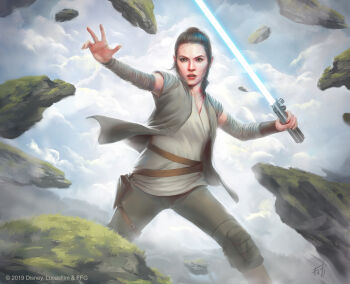 1girl blue_lightsaber brown_eyes brown_hair brown_pants cloud day energy_sword english_text grey_vest highres holding holding_sword holding_weapon lightsaber open_clothes open_vest outdoors pants rey_(star_wars) shirt solo star_wars sword telekinesis tony_foti vest weapon white_shirt