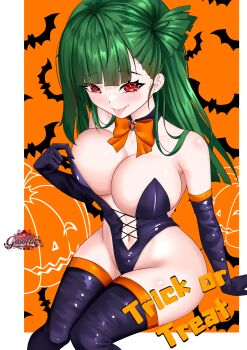 1girl :p absurdres adjusting_clothes adjusting_leotard bare_shoulders bat_background belka_(girls&#039;_frontline_2) black_gloves black_leotard blush boots bow bowtie breasts cleavage cross-laced_clothes cross-laced_leotard elbow_gloves from_above g28_(girls&#039;_frontline) girls&#039;_frontline girls&#039;_frontline_2:_exilium gloves gosofia2 green_hair groin halloween halloween_costume hand_on_own_chest hand_up highleg highleg_leotard highres hip_focus knees_together_feet_apart large_breasts leather leather_gloves leotard long_hair looking_at_viewer looking_up navel no_bra orange_bow orange_bowtie pumpkin_background red_eyes sitting smug solo strapless strapless_leotard thigh_boots tongue tongue_out trick_or_treat witch