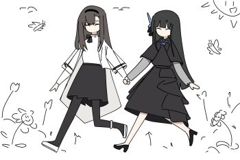 2girls ^_^ absurdres ankle_strap arknights bird black_capelet black_dress black_hairband black_pantyhose black_shoes black_skirt block_heels brooch brown_hair bug butterfly butterfly_brooch butterfly_hair_ornament capelet child's_drawing closed_eyes commentary crossover dress english_commentary flat_color flower bad_tag full_body girls'_frontline grey_sleeves hair_ornament hairband high_heels highres holding_hands insect jacket jewelry layered_sleeves long_hair long_sleeves lunasia_(girls'_frontline) medium_dress miniskirt multiple_girls myticalcat no_mouth pantyhose priestess_(arknights) see-through_clothes see-through_sleeves shoes short_over_long_sleeves short_sleeves simple_background skirt straight_hair sun sweater sweater_tucked_in trait_connection turtleneck turtleneck_sweater walking white_background white_jacket white_shoes white_sweater