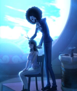 1boy 1girl absurdres afro ascot black_hair blunt_bangs brook_(one_piece) camisole closed_eyes commentary cutting_another&#039;s_hair cutting_hair english_commentary highres holding holding_scissors long_hair neo_uma nico_robin one_piece profile scissors sitting skeleton smile twitter_username