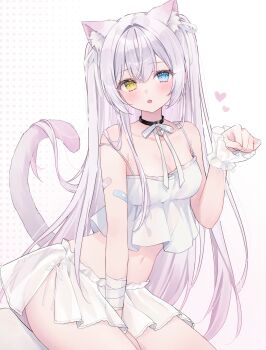 1girl :o animal_ears bandaid bare_shoulders between_legs black_choker blue_eyes breasts camisole cat_day cat_ears cat_girl cat_tail choker cleavage crop_top crop_top_overhang hand_between_legs heterochromia highres long_hair looking_at_viewer medium_breasts midriff miniskirt navel neck_ribbon open_mouth original paw_pose ribbon see-through_clothes see-through_shirt see-through_skirt shano_hiyori shirt side_slit skirt sleeveless sleeveless_shirt small_breasts solo spaghetti_strap stomach strap_slip tail very_long_hair white_hair white_shirt white_skirt wrist_cuffs yellow_eyes