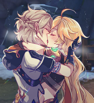 2boys aether_(genshin_impact) ahoge albedo_(genshin_impact) alternate_hairstyle black_hoodie blonde_hair blush closed_eyes crop_top facing_another french_kiss genshin_impact hair_down half_updo highres hood hood_down hoodie hug kiss kkaiju long_hair multiple_boys ponytail shirt short_ponytail short_sleeves tongue white_shirt yaoi