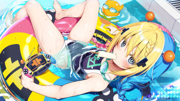 Rule 34 | barefoot, blonde hair, blue hair, breasts, eating, feet, food, food in mouth, handheld game console, highres, holding, holding handheld game console, looking at viewer, mahjong fight girl, one-piece swimsuit, pink hair, popsicle, popsicle in mouth, small breasts, swimsuit, toes, toy-toy, utsurogi akira