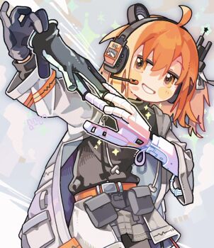 1girl a.i._voice adachi_rei ahoge black_gloves black_shirt blush_stickers commentary cowboy_shot gloves grey_skirt grin hair_between_eyes headphones holding holding_gloves holding_unworn_clothes jacket long_sleeves mechanical_arms open_clothes open_jacket orange_eyes orange_hair shirt short_hair signature single_mechanical_arm skirt smile solo tabunnanhun unworn_gloves utau white_jacket