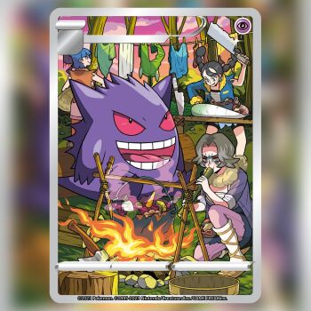 3girls asymmetrical_sleeves axe blue_hair blue_jacket boiling braid campfire card_(medium) carrot character_name charm_(pokemon) chest_sarashi cleaver closed_mouth clothesline cloud clover_(pokemon) coin_(pokemon) commentary company_name cooking_pot copyright_name copyright_notice english_commentary facepaint food gen_1_pokemon gengar glint grass grey_hair hisuian_poke_ball holding holding_cleaver jacket knife komayama_akira long_hair multiple_girls nintendo official_art on_one_knee open_clothes open_jacket open_mouth outdoors pants pantyhose poke_ball pokemon pokemon_(creature) pokemon_card pokemon_legends:_arceus pokemon_tcg pouch puff_of_air purple_pantyhose red_eyes sarashi short_hair sitting sky smile socks standing stew teeth textless_version third-party_source tongue torn_clothes torn_sleeves trading_card tree_stump twin_braids unworn_clothes unworn_pants unworn_socks vegetable white_socks