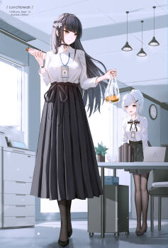 2girls absurdres analog_clock arm_support bag black_choker black_hair black_pantyhose black_shoes black_skirt bottle breasts brown_eyes ceiling chair choker clock closed_mouth coffee_mug collared_shirt commentary computer cup day english_commentary english_text food full_body grey_eyes hair_ornament hairclip hand_up hanging_light high_heels highres holding holding_bag holding_bottle id_card indoors lanyard laptop leaning_forward long_hair long_skirt long_sleeves looking_at_another looking_back medium_breasts mug multiple_girls neck_ribbon office office_lady open_mouth original pantyhose photocopier plastic_bag pleated_skirt ponytail pumps ribbon sandwich shirt shirt_tucked_in shoes skirt table wall_clock watch white_hair white_shirt window wristwatch yuzuriha_(atelier_liang)