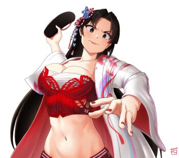 1girl breasts brown_hair bustier cleavage fatal_fury female_focus finalcake frown highres holding holding_sandals large_breasts long_hair looking_at_viewer navel official_alternate_costume official_alternate_hairstyle red_bustier red_nails sandals shiranui_mai solo stomach street_fighter street_fighter_6 throwing