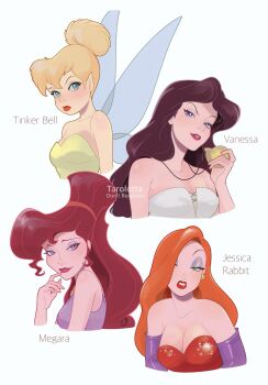 4girls artist_name bare_shoulders blonde_hair blue_eyes breasts brown_hair character_name cleavage commentary_request earrings fairy fairy_wings hair_bun hair_over_one_eye half-closed_eyes hercules_(1997_movie) highres holding_locket jessica_rabbit jewelry locket long_hair medium_breasts megara_(disney) multiple_girls necklace orange_hair pendant purple_eyes red_eyes red_lips single_hair_bun smile strapless tarolotta the_little_mermaid_(disney) tinker_bell_(disney) vanessa_(disney) walt_disney's_peter_pan watermark who_framed_roger_rabbit wings