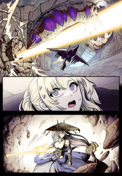 2girls absurdres animal beam breasts cliff detached_sleeves duel_monster ecclesia_(yu-gi-oh!) facial_mark fleurdelis_(yu-gi-oh!) forehead_mark giant_snake glowing glowing_sword glowing_weapon hat highres holding holding_sword holding_weapon incredible_ecclesia_the_virtuous jingasa large_breasts long_hair long_skirt low-tied_long_hair monster multiple_girls oversized_animal ponytail rubble skirt snake sprind_the_irondash_dragon supreme_sovereign_serpent_of_golgonda sword the_iris_swordsoul weapon whoseit yu-gi-oh!