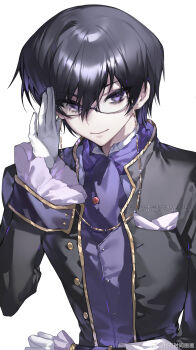 1boy absurdres ascot black_hair breast_pocket code_geass frilled_sleeves frills glasses gloves gold_trim hair_between_eyes highres jacket lelouch_vi_britannia long_sleeves looking_at_viewer male_focus pocket purple_ascot purple_eyes short_hair smile solo vest waistcoat weibo_6655142211 white_background