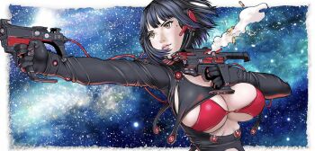 1girl bikini black_bodysuit black_hair blunt_bangs bodysuit bouncing_breasts breasts brown_eyes character_request cleavage closed_mouth dual_wielding finger_on_trigger firing galaxy galaxy_background gantz gantz_suit gun hands_up headset highres holding holding_gun holding_weapon large_breasts latex latex_bodysuit lips official_art oku_hiroya outstretched_arm pink_lips red_bikini shell_casing short_hair sidelocks skin_tight smoke solo standing submachine_gun swimsuit upper_body weapon