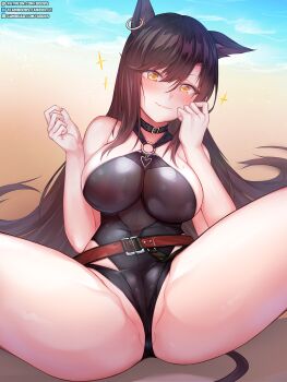 Rule 34 | 1girl, animal ears, arknights, black one-piece swimsuit, blush, breasts, covered anus, female focus, highres, large breasts, lying, official alternate costume, on back, one-piece swimsuit, rebe11, skyfire (arknights), skyfire (temperature difference) (arknights), solo, spread legs, swimsuit, tail