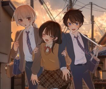 1girl 2boys aged_down akinashi_haru bag black_hair black_jacket black_pants black_suit blue_eyes blue_necktie bow bowtie brown_cardigan brown_skirt cardigan collared_shirt commentary_request cowboy_shot dress_shirt flower formal_clothes highres jacket laiminglingke1 lapels long_hair low_ponytail miniskirt multiple_boys necktie pants photo_background plaid_clothes plaid_skirt ponytail red_bow red_bowtie red_eyes saihate_eki school_bag school_uniform shirt short_hair skirt striped_clothes striped_necktie suit suit_jacket sweat sweater tatsunami_shion tenjiku_aoi white_hair white_shirt yellow_sweater