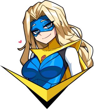 1girl blonde_blazer blonde_hair blue_eyes blue_mask breasts cape commentary commission commissioner_upload dispatch english_commentary eye_mask heart large_breasts long_hair looking_at_viewer mask parted_bangs smile superhero_costume upper_body vhite white_background yellow_cape