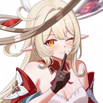 1girl alice_(genshin_impact) blonde_hair blush breasts cleavage cleavage_cutout clothing_cutout cowlick detached_collar detached_sleeves genshin_impact gloves highres hobio long_hair medium_breasts one_eye_closed open_mouth orange_eyes pointy_ears red_sleeves side_ahoge simple_background smile upper_body white_background