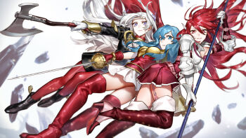 Rule 34 | 3girls, axe, battle axe, blue hair, boots, commentary, cordelia (fire emblem), edelgard von hresvelg, eirika (fire emblem), fire emblem, fire emblem: the sacred stones, fire emblem: three houses, fire emblem awakening, garreg mach monastery uniform, garter straps, hair ribbon, holding, holding axe, holding polearm, holding sword, holding weapon, long hair, looking at viewer, midair, multiple girls, nakapipo, nintendo, pantyhose, polearm, rapier, red boots, red hair, red pantyhose, ribbon, skirt, spear, sword, thigh boots, thighhighs, thighs, weapon, white hair