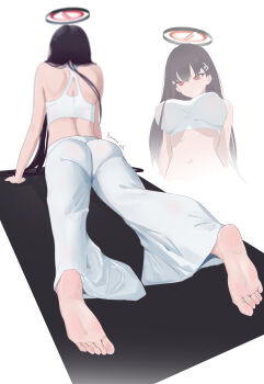 1girl absurdres alternate_costume ass bare_arms barefoot black_hair black_halo blue_archive breasts bright_pupils commentary_request crop_top feet from_behind hair_ornament hairpin halo highres large_breasts long_hair multiple_views pants red_eyes rio_(blue_archive) sanseki-hahn simple_background soles toes very_long_hair white_background white_pupils yoga yoga_mat yoga_pants