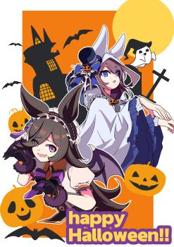 2girls absurdres animal_ears bat_(animal) bat_wings black_gloves blue_eyes breasts brown_hair claw_pose fang flipped_hair frilled_hairband frills ghost ghost_costume ghost_pose gloves hair_between_eyes hair_over_one_eye hairband halloween halloween_costume hat hat_over_hood highres hood hood_up horse_ears horse_girl jack-o&#039;-lantern jack-o&#039;-lantern_hat_ornament jack-o&#039;-lantern_ornament lace lace-trimmed_gloves lace_trim long_hair mihono_bourbon_(ghosty_and_the_magic_of_halloween)_(umamusume) mihono_bourbon_(umamusume) mini_hat mini_top_hat multiple_girls official_alternate_costume open_mouth puffy_short_sleeves puffy_sleeves pumpkin purple_eyes purple_wings rice_shower_(make_up_vampire!)_(umamusume) rice_shower_(umamusume) shippow shirt short_sleeves smile tilted_headwear top_hat umamusume vampire_costume white_shirt wings witch_hat