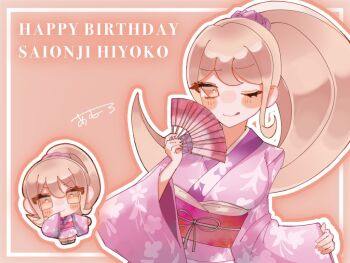 Rule 34 | 1girl, ;q, aged up, amuro 0210, blonde hair, blush, blush stickers, character name, chibi, chibi inset, commentary request, danganronpa (series), danganronpa 2: goodbye despair, english text, eyelashes, floral print, floral print kimono, hand fan, happy birthday, holding, holding fan, japanese clothes, kimono, long hair, obi, official alternate hair length, official alternate hairstyle, one eye closed, orange eyes, outline, pink background, pink kimono, ponytail, print kimono, red sash, saionji hiyoko, sash, simple background, smile, solo, tongue, tongue out, white outline