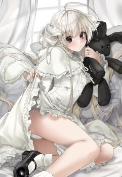 1girl absurdres ahoge black_shoes bow buttons capelet clothes_lift commentary curtains dakemichan dress dress_lift frilled_dress frills hair_bow highres holding holding_stuffed_toy kasugano_sora lifting_own_clothes long_hair long_sleeves mary_janes on_bed panties pillow shoes socks stuffed_animal stuffed_rabbit stuffed_toy twintails underwear white_capelet white_dress white_hair yosuga_no_sora