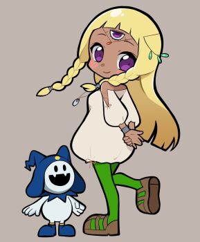 Rule 34 | 1girl, arms behind back, blonde hair, blush, braid, breasts, brown sandals, chibi, chibi only, commentary, dark-skinned female, dark skin, dress, eupha (metaphor: refantazio), extra eyes, green pantyhose, grey background, highres, jack frost (megami tensei), koyuki0125k, long hair, looking at viewer, metaphor: refantazio, own hands together, pantyhose, purple eyes, sandals, side braids, simple background, smile, standing, standing on one leg, third eye