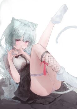 1girl absurdres ahoge animal_ears black_skirt breasts cat_ears cat_tail collared_shirt commentary_request dress_shirt echoine fishnet_socks fishnets food food_in_mouth hair_ornament heart heart_hands high-waist_skirt highres leg_up long_hair looking_at_viewer lying mouth_hold on_back original panties pink_panties pocky pocky_in_mouth purple_eyes red_ribbon ribbon shirt short_sleeves skirt small_breasts socks socks_over_fishnets solo tail tareme underwear upskirt very_long_hair white_shirt white_socks x_hair_ornament