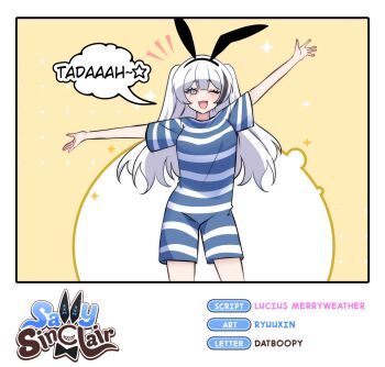 Rule 34 | 1girl, :d, animal ear hairband, animal ears, arm up, artist name, black hairband, black streaks, blue eyes, blue one-piece swimsuit, border, bright pupils, character name, commentary, double-parted bangs, english commentary, english text, fake animal ears, fang, hairband, highres, long hair, looking at viewer, merryweather, multicolored hair, old-fashioned swimsuit, one-piece swimsuit, one eye closed, open mouth, original, rabbit ear hairband, rabbit ears, ryuuxin, sally sinclair, short sleeves, smile, solo, speech bubble, star (symbol), streaked hair, striped clothes, striped one-piece swimsuit, swimsuit, two side up, white border, white hair, white one-piece swimsuit, white pupils, yellow background