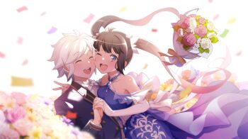 1boy 1girl :d anime_coloring bare_shoulders bell_cranel black_hair blue_dress blue_eyes blue_jacket bouquet bouquet_toss bow bowtie breast_press breasts bridal_gauntlets cheek-to-cheek closed_eyes danmachi_battle_chronicle dress dungeon_ni_deai_wo_motomeru_no_wa_machigatteiru_darou_ka elbow_gloves field flower flower_field formal_clothes game_cg gloves halter_dress halterneck happy heads_together hestia_(danmachi) highres holding_hands jacket lapels light_blush long_hair medium_breasts non-web_source official_alternate_costume official_art one_eye_closed open_mouth purple_flower purple_rose rose short_hair smile traditional_bowtie twintails v white_bow white_bowtie white_flower white_gloves white_hair white_rose