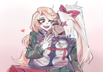 2girls black_nails blonde_hair blush bow charlie_morningstar christmas_sweater circle_facial_mark colored_sclera colored_skin commentary dark-skinned_female dark_skin facial_mark feet_out_of_frame fingernails gradient_background green_pants hair_bow hair_ornament hair_over_one_eye hand_up hazbin_hotel heart hellaverse high_ponytail highres long_fingernails long_hair long_sleeves looking_at_another multiple_girls one_eye_closed one_eye_covered pants ponytail red_bow red_eyes red_pants shared_clothes shared_sweater simple_background sitting sweater vaggie white_background white_hair white_skin x_hair_ornament yarder_0126 yellow_sclera yuri