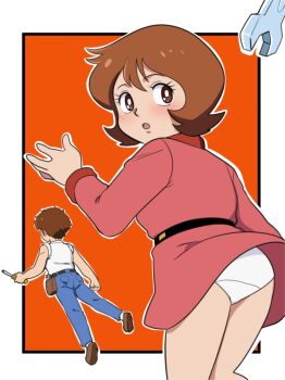 1boy 1girl ass belt black_belt blue_pants blush brown_eyes brown_hair brown_shoes character_request denim dress fraw_bow freckles from_behind gundam holding holding_screwdriver jeans looking_back mobile_suit_gundam open_mouth orange_background panties pants red_dress screwdriver shirt shoes short_hair sleeveless sleeveless_shirt standing underwear white_panties white_shirt wind wind_lift wrench yume_yoroi