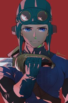 1boy black_bodysuit blue_eyes blue_gloves blue_hat blue_tunic bodysuit closed_mouth commentary_request dragon_quest dragon_quest_ii gloves goggles goggles_on_headwear hat highres holding holding_sword holding_weapon kei_(desafinado) looking_at_viewer male_focus prince_of_lorasia red_background signature solo straight-on sword tunic turtleneck turtleneck_bodysuit upper_body weapon