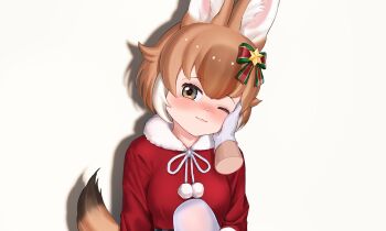 Rule 34 | :3, animal ears, beleven, blush, bow, brown hair, christmas, dhole (kemono friends), dog ears, dog girl, dog tail, dress, fur collar, gloves, hair bow, hand on another's face, kemono friends, long sleeves, looking at viewer, multicolored hair, one eye closed, pantyhose, pov, red dress, santa costume, short hair, tail, white gloves, white hair, white pantyhose, yellow eyes