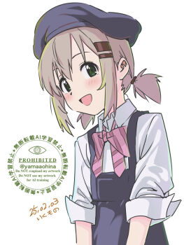 1girl beret black_hat black_skirt blush bow bowtie collared_shirt commentary dated employee_uniform green_eyes grey_hair hair_between_eyes hair_ornament hairclip hat ikumono looking_at_viewer low_twintails open_mouth pink_bow pink_bowtie shirt short_hair short_twintails sidelocks simple_background skirt sleeves_rolled_up smile solo striped_bow striped_bowtie striped_clothes suspender_skirt suspenders twintails upper_body watermark white_background white_shirt yama_no_susume yukimura_aoi