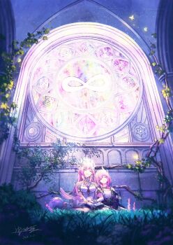 2girls artist_name as_i&#039;ve_written_(honkai:_star_rail) bare_shoulders book breasts closed_eyes closed_mouth commentary_request cyrene_(aedes_elysiae)_(honkai:_star_rail) cyrene_(honkai:_star_rail) cyrene_(ripples_of_past_reverie)_(honkai:_star_rail) dated dress dual_persona flower hair_flower hair_ornament highres honkai:_star_rail honkai_(series) infinity_symbol jewelry kaminaga_mutsumi large_breasts long_hair mem_(honkai:_star_rail) multicolored_hair multiple_girls necklace on_ground pink_hair purple_eyes resting short_hair sitting small_breasts two-tone_hair very_long_hair white_dress white_hair